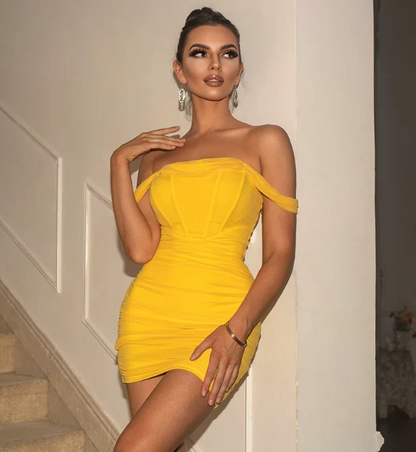 Beauty Homecoming Dress Off the Shoulder Pleated Hugging Back to School Outfits Party Dress D7094