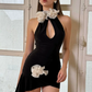 Beautiful Homecoming Dress Halter Flower Pleated Soutache Back to School Outfits Party Dress D7119