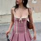 Beautiful Homecoming Dress Spaghetti Strap Bowknot Lace Pleated Back to School Outfits Party Dress D7122