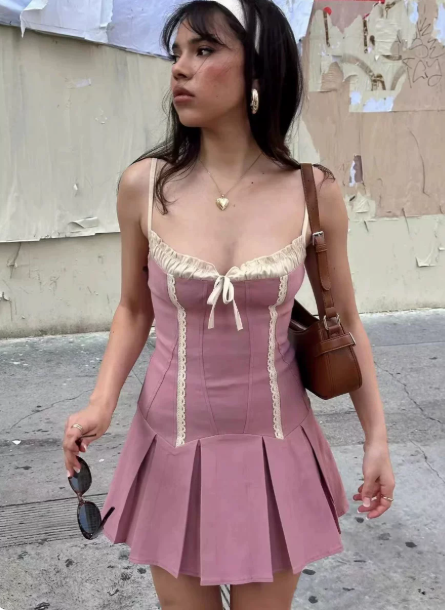Beautiful Homecoming Dress Spaghetti Strap Bowknot Lace Pleated Back to School Outfits Party Dress D7122