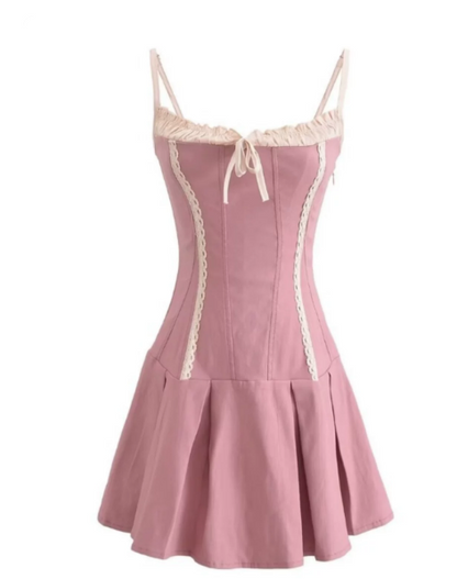 Beautiful Homecoming Dress Spaghetti Strap Bowknot Lace Pleated Back to School Outfits Party Dress D7122