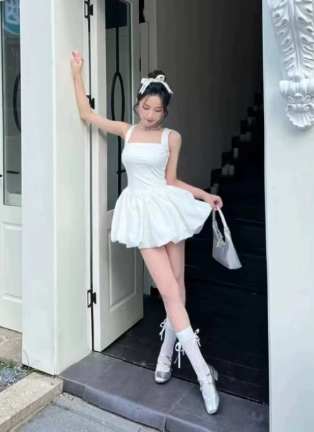Beautiful Homecoming Dress Square Pleated Back to School Outfits Party Dress D7125