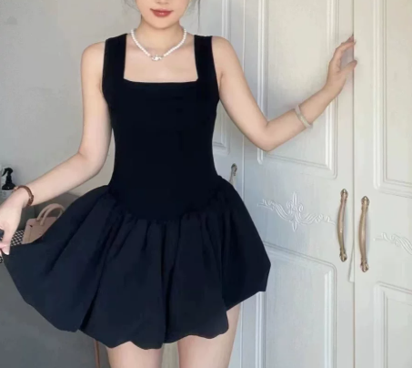 Beautiful Homecoming Dress Square Pleated Back to School Outfits Party Dress D7125