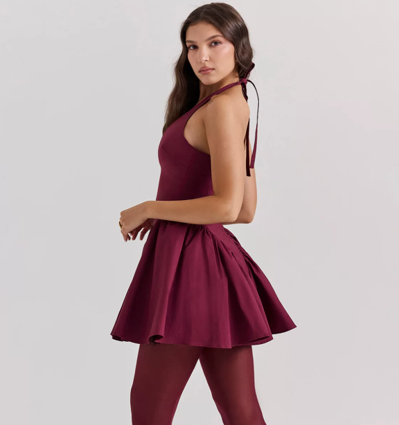 Beautiful Homecoming Dress Halter Pleated Back to School Outfits Party Dress D7146