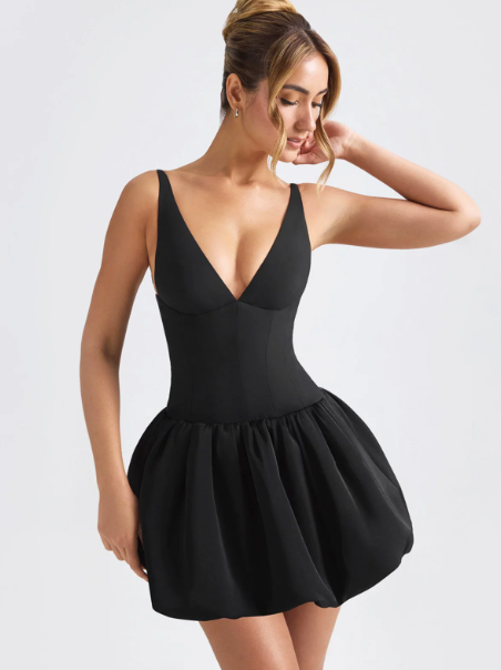 Beautiful Homecoming Dress V Neck Black Pleated Back to School Outfits Party Dress D7150