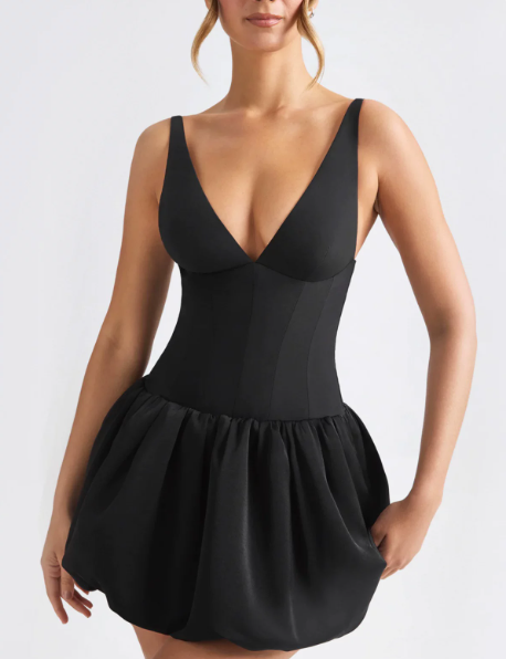 Beautiful Homecoming Dress V Neck Black Pleated Back to School Outfits Party Dress D7150