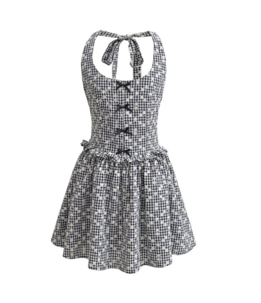 Beautiful Homecoming Dress Halter Bowknot Pleated Back to School Outfits Party Dress D7151