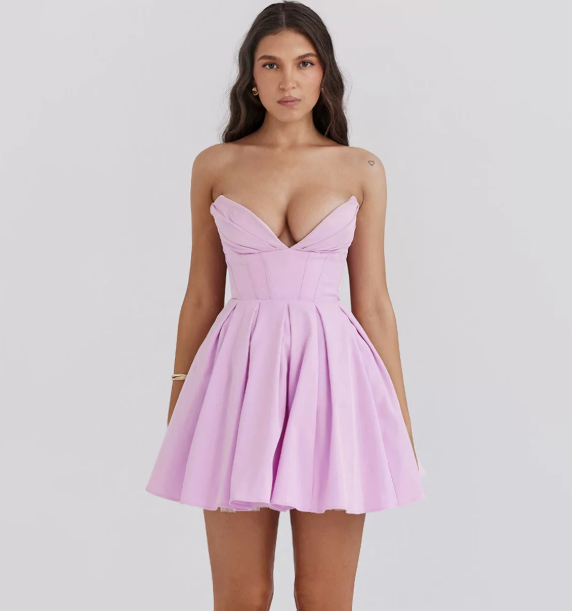 Beautiful Homecoming Dress V Neck Pleated Back to School Outfits Party Dress D7156