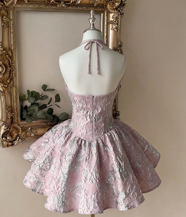 Beautiful Homecoming Dress Halter Pleated Back to School Outfits Party Dress D7165