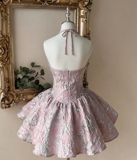 Beautiful Homecoming Dress Halter Pleated Back to School Outfits Party Dress D7165
