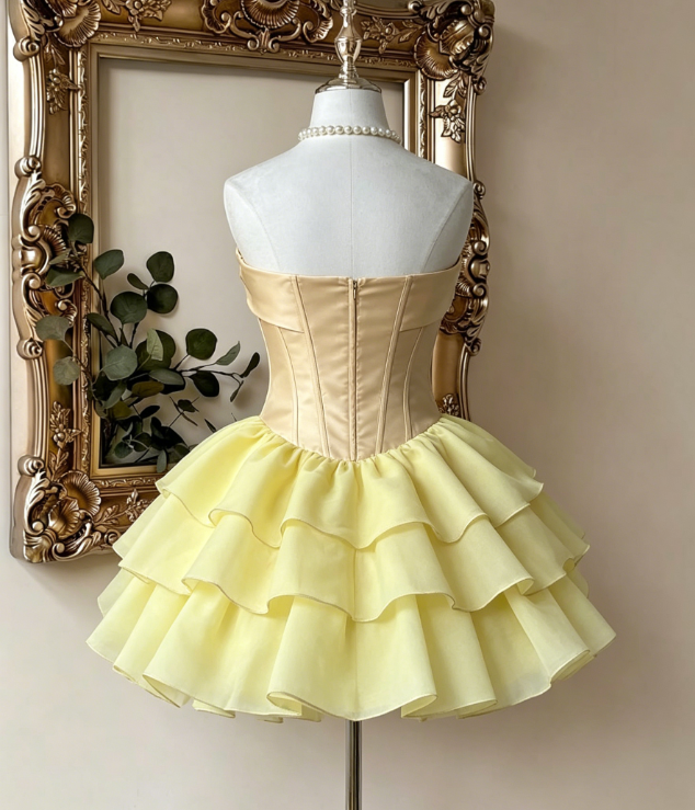Beautiful Homecoming Dress Strapless Pleated Cascade Back to School Outfits Party Dress D7164