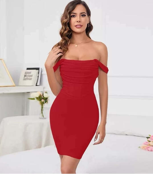 Beautiful Homecoming Dress Off the Shoulder Pleated Hugging Back to School Outfits Party Dress D7168