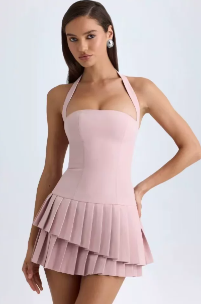 Beautiful Homecoming Dress Halter Cascade Pleated Back to School Outfits Party Dress D7191