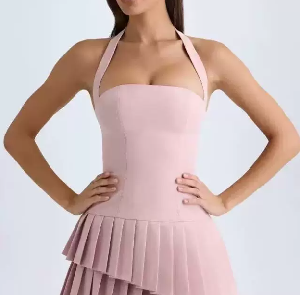 Beautiful Homecoming Dress Halter Cascade Pleated Back to School Outfits Party Dress D7191