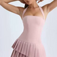 Beautiful Homecoming Dress Halter Cascade Pleated Back to School Outfits Party Dress D7191
