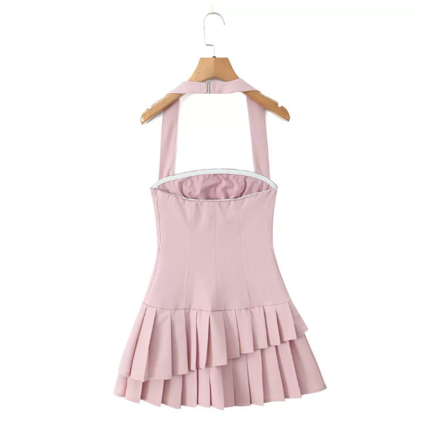 Beautiful Homecoming Dress Halter Cascade Pleated Back to School Outfits Party Dress D7191