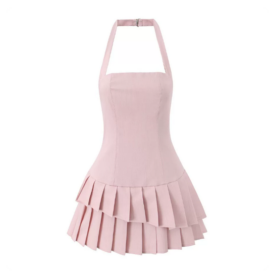 Beautiful Homecoming Dress Halter Cascade Pleated Back to School Outfits Party Dress D7191