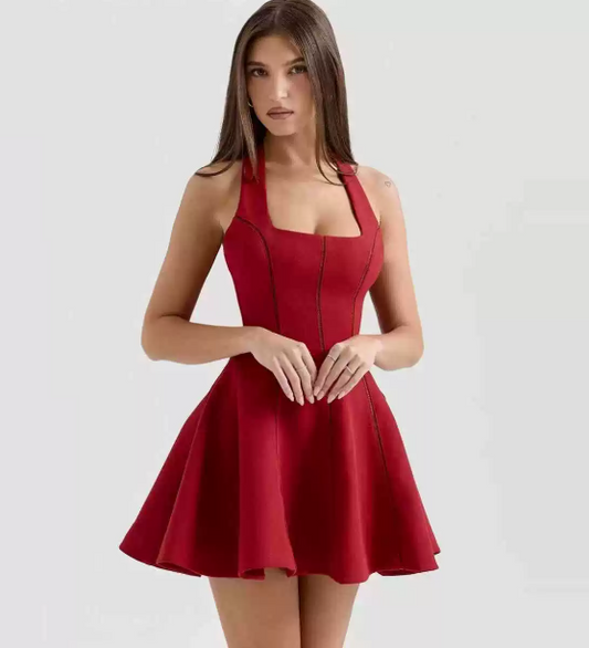 Beautiful Homecoming Dress Halter Pleated Back to School Outfits Party Dress D7196
