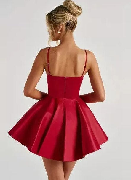 Beautiful Homecoming Dress V Neck Pleated Back to School Outfits Party Dress D7201