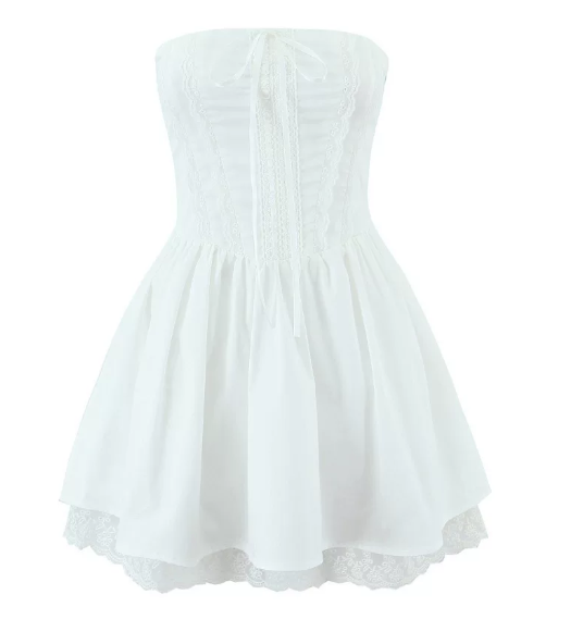Beautiful Homecoming Dress Strapless Pleated Bowknot Lace Back to School Outfits Party Dress D7202