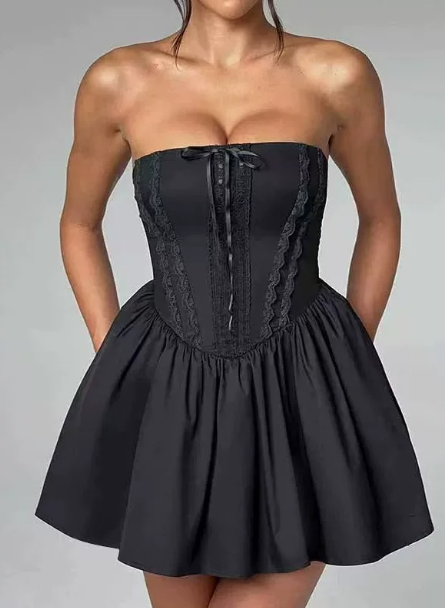 Beautiful Homecoming Dress Strapless Pleated Bowknot Lace Back to School Outfits Party Dress D7202