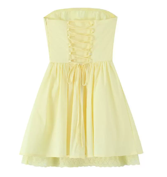 Beautiful Homecoming Dress Strapless Pleated Bowknot Lace Back to School Outfits Party Dress D7202