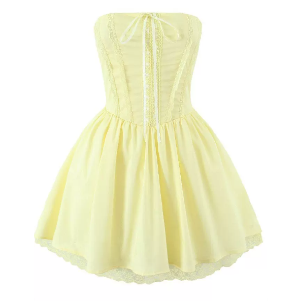 Beautiful Homecoming Dress Strapless Pleated Bowknot Lace Back to School Outfits Party Dress D7202