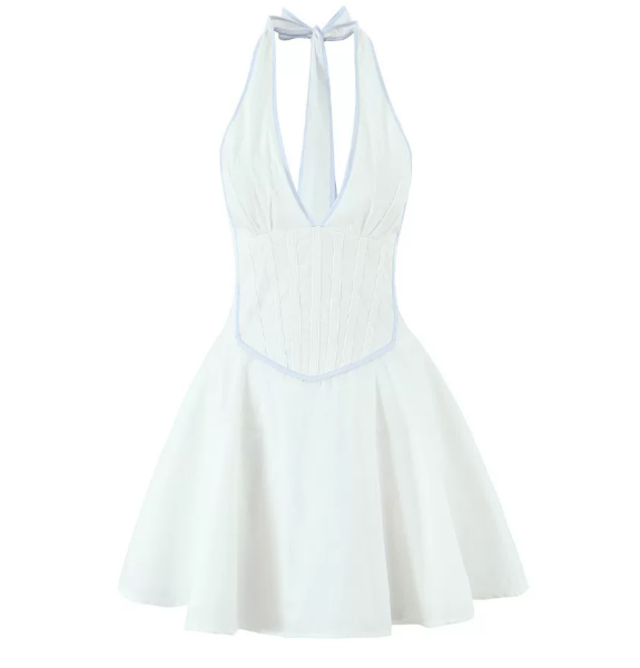 Beautiful Homecoming Dress Halter Pleated Bowknot Back to School Outfits Party Dress D7205