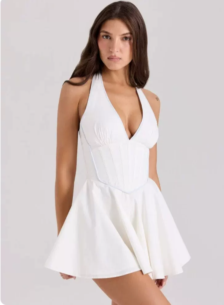 Beautiful Homecoming Dress Halter Pleated Bowknot Back to School Outfits Party Dress D7205