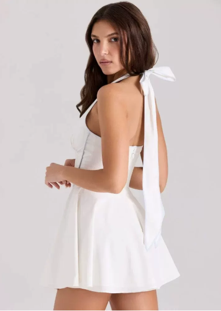 Beautiful Homecoming Dress Halter Pleated Bowknot Back to School Outfits Party Dress D7205