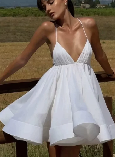 Beautiful Homecoming Dress V Neck Tulle Backless Pleated Back to School Outfits Party Dress D7206