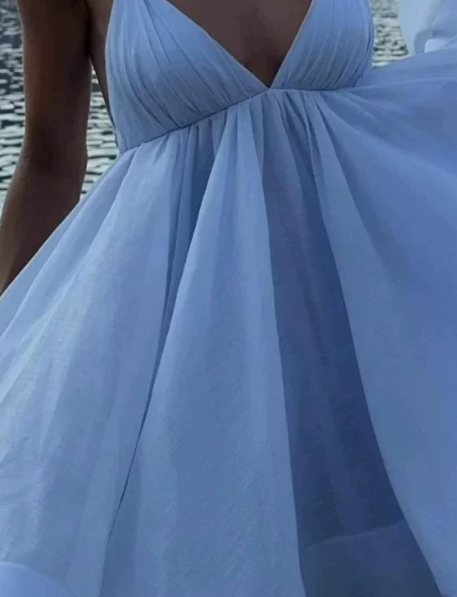 Beautiful Homecoming Dress V Neck Tulle Backless Pleated Back to School Outfits Party Dress D7206