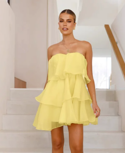 Beautiful Homecoming Dress Strapless Tulle Cascade Pleated Back to School Outfits Party Dress D7207