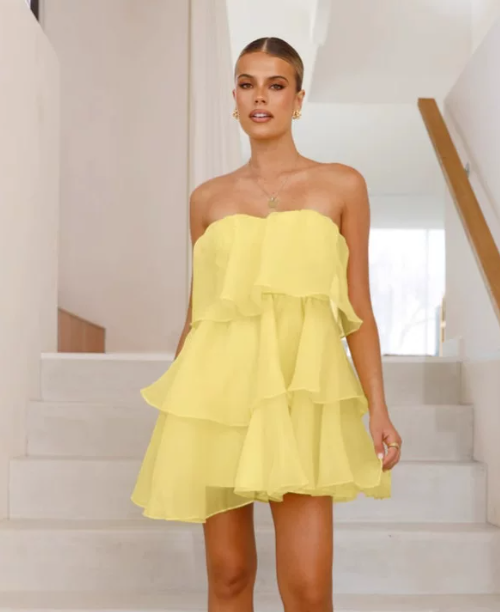 Beautiful Homecoming Dress Strapless Tulle Cascade Pleated Back to School Outfits Party Dress D7207