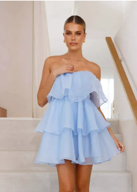 Beautiful Homecoming Dress Strapless Tulle Cascade Pleated Back to School Outfits Party Dress D7207