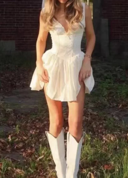 Beautiful Homecoming Dress V Neck Pleated Bowknot Back to School Outfits Party Dress D7215