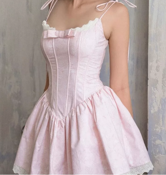 Beautiful Homecoming Dress Spaghetti Strap Pleated Bowknot Lace Back to School Outfits Party Dress D7216