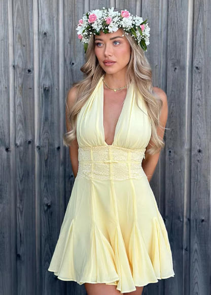 Beautiful Homecoming Dress Halter Backless Pleated Back to School Outfits Party Dress D7217
