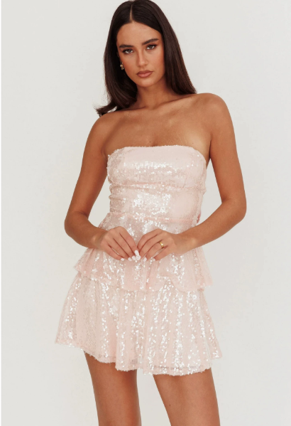 Beautiful Homecoming Dress Strapless Sequins Pleated Back to School Outfits Party Dress D7219