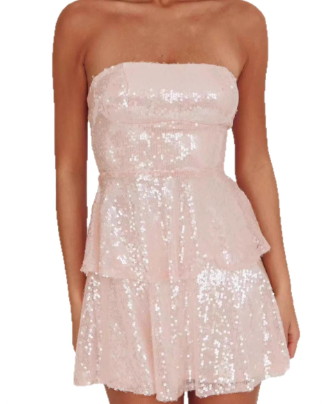 Beautiful Homecoming Dress Strapless Sequins Pleated Back to School Outfits Party Dress D7219
