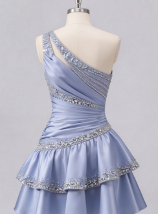 Beautiful Homecoming Dress One Shoulder Rinestone Pleated Cascade Back to School Outfits Party Dress D7223