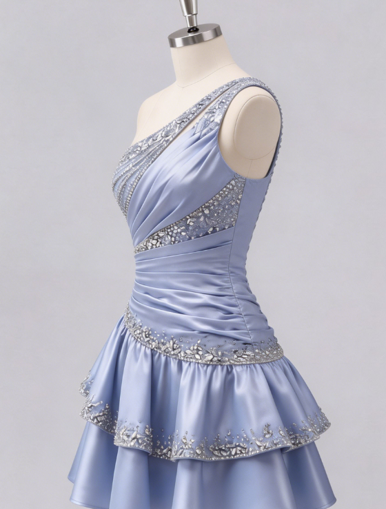 Beautiful Homecoming Dress One Shoulder Rinestone Pleated Cascade Back to School Outfits Party Dress D7223