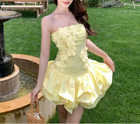 Beautiful Homecoming Dress Strapless Flower Pleated Cascade Back to School Outfits Party Dress D7251