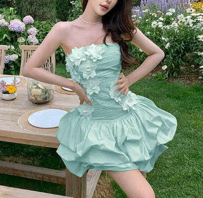 Beautiful Homecoming Dress Strapless Flower Pleated Cascade Back to School Outfits Party Dress D7251