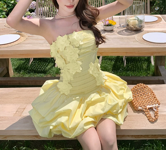Beautiful Homecoming Dress Strapless Flower Pleated Cascade Back to School Outfits Party Dress D7251