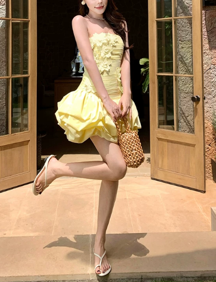 Beautiful Homecoming Dress Strapless Flower Pleated Cascade Back to School Outfits Party Dress D7251