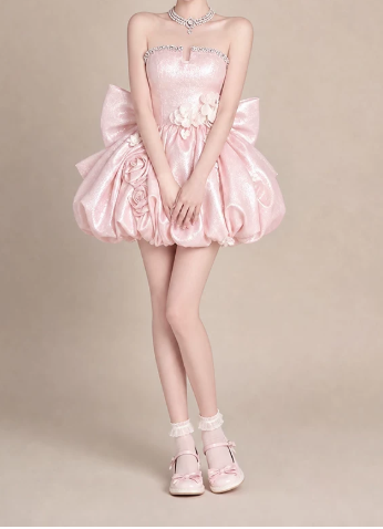 Beautiful Homecoming Dress Strapless Flower Pleated Rinestone Bowknot Back to School Outfits Party Dress D7252