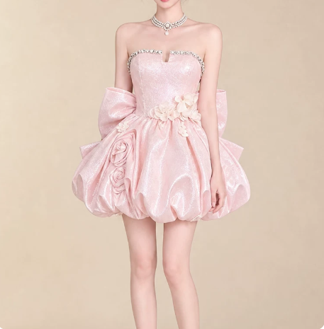 Beautiful Homecoming Dress Strapless Flower Pleated Rinestone Bowknot Back to School Outfits Party Dress D7252