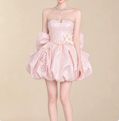 Beautiful Homecoming Dress Strapless Flower Pleated Rinestone Bowknot Back to School Outfits Party Dress D7252
