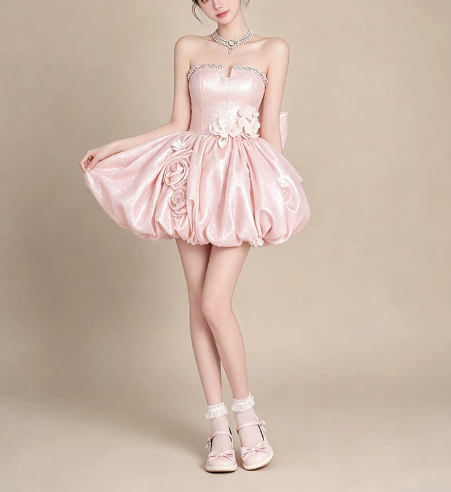 Beautiful Homecoming Dress Strapless Flower Pleated Rinestone Bowknot Back to School Outfits Party Dress D7252